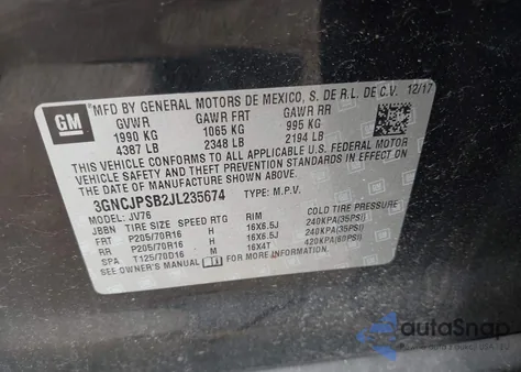 2018 Chevrolet Trax Lt from USA, damaged, VIN 3GNCJPSB2JL235674